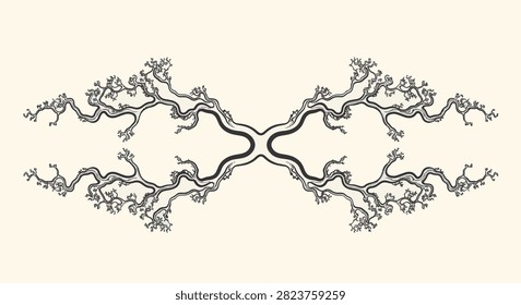 Symmetrical fractal branching pattern depicting an intricate river network or vascular system with detailed line art on a light cream background, horizontal organic vector design.