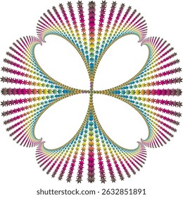 Symmetrical fractal pattern shaped like a four-petal flower. Each petal is formed from a row of eight-pointed stars arranged in a spiral with rainbow color gradations
