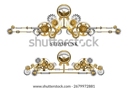 Symmetrical frame constructed from metal pipes, decorated with brass and bronze gears, with pressure gauge. Steampunk style.