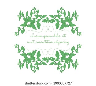 Symmetrical Frame Made with Colored Mint Herbal and Costum Brush Strokes. Arched Symmetrical Shape with Curved Lines. Vintage Style Botanical Design Element.