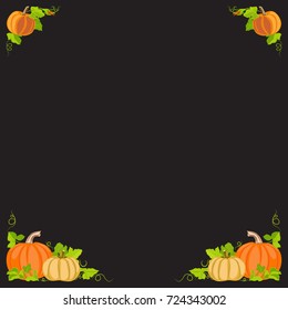 Symmetrical frame of a pumpkin for the autumn harvest festival. Vector isolated color image on a black background. Vegetables with a background of green leaves.