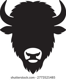A symmetrical front view buffalo head silhouette with prominent horns perfect for logo design and minimal branding.
