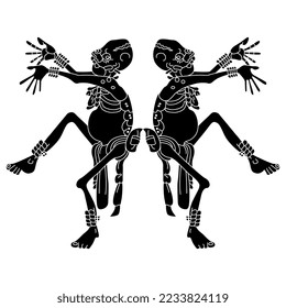 Symmetrical funny design with two dancing skeletons. Mayan style. Black and white silhouette. Dia de los Muertos. Day of the Dead. Halloween art.