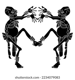 Symmetrical funny design with two dancing skeletons. Mayan style. Black and white silhouette. Dia de los Muertos. Day of the Dead. Halloween art.