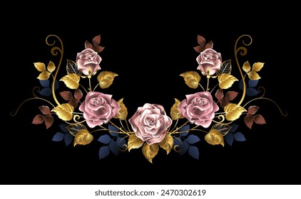 Guirnalda simétrica de rosas de oro joyas pintadas artísticamente con flores rosadas de moda con subgrupos de oro y hojas sobre fondo negro. Rosa oro rosa.