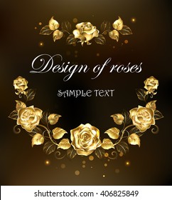 Symmetrical garland of gold jewelry rose on black background.