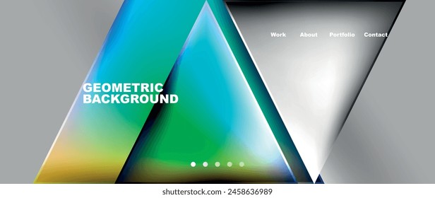 A symmetrical geometric background consisting of colorful triangles and rectangles in tints and shades of electric blue on a gray background, forming a captivating pattern reminiscent of a pyramid