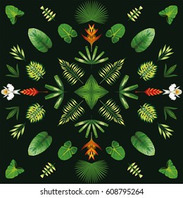 Symmetrical geometric circular pattern composition of tropical plants and flowers. Natural wallpaper on a dark green background