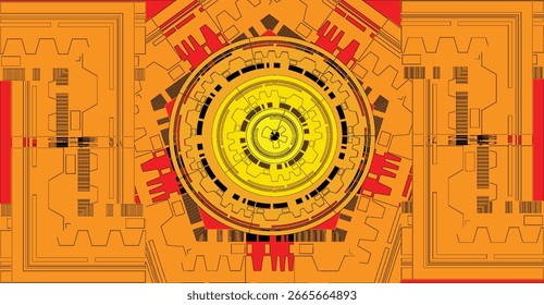 A symmetrical, geometric design featuring concentric circles and mechanical elements in orange, yellow, and red.