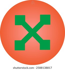 A symmetrical geometric design featuring a green "X" or cross-like shape with squared ends, centered within an orange circular background.