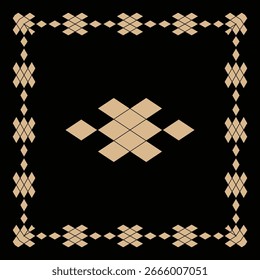 Symmetrical geometric diamond shapes form an elegant beige border and a central design.