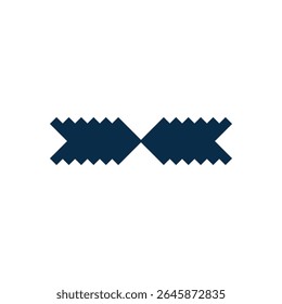 A symmetrical, geometric emblem dominates the stark white canvas. 