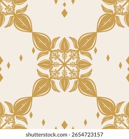 Medalhão floral geométrico simétrico em tons âmbar quentes padrão de repetição sem costura. Ideal para produtos inspirados em azulejos vintage, maquetes de papel de parede, conjuntos de design histórico com um toque sofisticado.