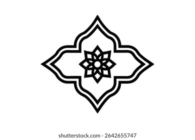 A symmetrical geometric flower design with a double outline on a white background.