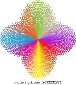 Symmetrical geometric formation in the form of a round cross with a rainbow colored six-pointed star pattern