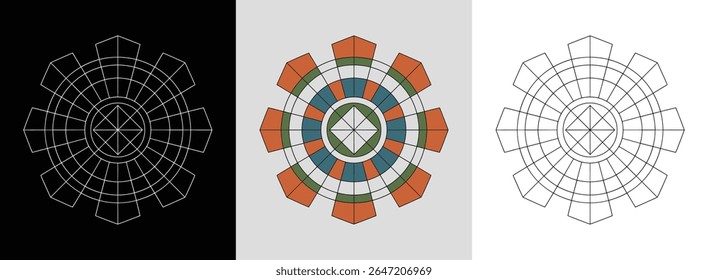 Symmetrical geometric mandala with minimalist line details for sleek decorative art.