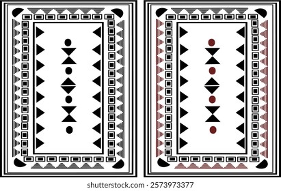 Symmetrical geometric pattern with black and red traditional motifs, including triangles, circles, and rectangles. Ideal for cultural textile prints, home decor, wall art, or artistic stationery.