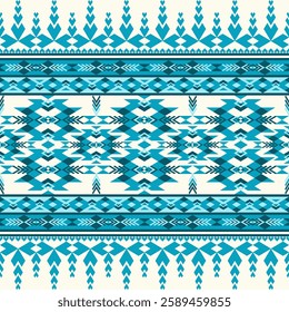 a symmetrical geometric pattern in blue and white, resembling traditional textile designs. The intricate details include diamond shapes, zigzags, and ornamental borders. Vector ethnic Navajo geometric