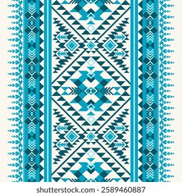 a symmetrical geometric pattern in blue and white, resembling traditional textile designs. The intricate details include diamond shapes, zigzags, and ornamental borders.Vector ethnic Native American