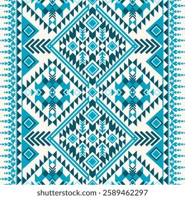 a symmetrical geometric pattern in blue and white, resembling traditional textile designs. The intricate details include diamond shapes, zigzags, and ornamental borders. Vector ethnic Navajo american