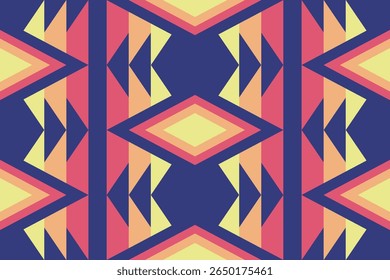 A symmetrical geometric pattern composed of triangles and diamond shapes in shades of blue yellow pink and orange creating a tribal inspired visual