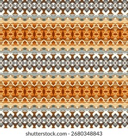 Padrão geométrico simétrico com tons terrosos, design de inspiração tribal criando textura ornamental para decoração e moda. 