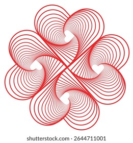 A symmetrical geometric pattern of interlocking red heart-shaped curves forming a floral mandala design.