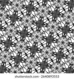 A symmetrical geometric pattern with monochrome floral motifs resembling a kaleidoscope.
