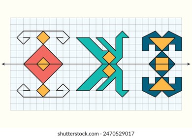 Symmetrical geometric pattern and motif. Geometry line of symmetry. Rectangular region. Mathematics and geometry question. Exam question.