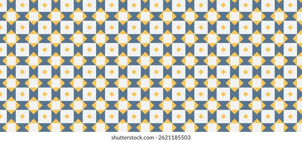 Padrão geométrico simétrico com quadrados cinza azul-escuro e diamantes amarelo-alaranjados pálidos, design de grade repetitiva para papel de parede e têxteis