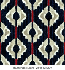 Padrão geométrico simétrico em azul marinho, creme e vermelho. linhas grunge padrão ikat, padrão sem emenda ikat, fundo de ilustração vetor para imprimir o papel.