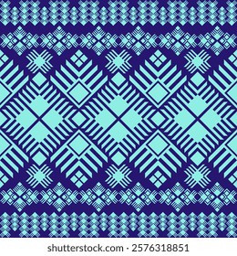 a symmetrical geometric pattern, predominantly in blue and light green. The design features intricate diamond shapes, lines, and repeating motifs inspired by traditional art. Vector geometric ethnic.