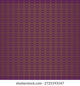 Un patrón geométrico simétrico con un motivo repetitivo de Formas entrelazadas. El diseño está resaltado con acentos dorados sobre un fondo púrpura oscuro. 