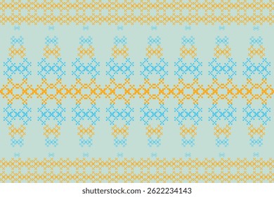 patrón geométrico simétrico que se asemeja al bordado tradicional de punto de cruz o diseño textil. El patrón está compuesto de motivos repetidos en bandas Horizontales sobre un fondo claro