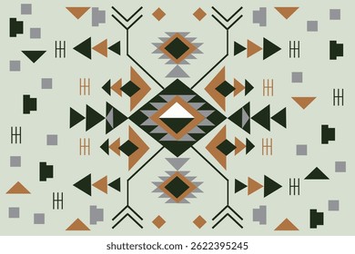 symmetrical geometric pattern set against a light green background. The design features prominent diamond shapes in black, brown, and gray, along with repeated triangles and squares arranged.