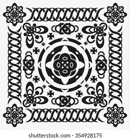 Symmetrical geometrical pattern with round elements on a white background.