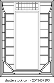 Symmetrical, graphic abstraction with with square and rectangular cutouts, geometric background in the Japanese style similar to sliding doors with lattice and windows, empty template in a frame.