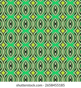 Patrón geométrico verde simétrico que se asemeja a ojos y diamantes. Repitiendo, diseño óptico para el trabajo de fondo audaz.