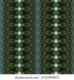 Patrón abstracto de caleidoscopio verde simétrico inspirado en la naturaleza, repetición geométrica orgánica, textura artística de fondo reflejado.