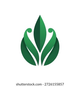 Logotipo de hoja verde simétrico con una llama de hoja puntiaguda central como hojas laterales y acentos circulares que simbolizan el crecimiento comunitario y el bienestar