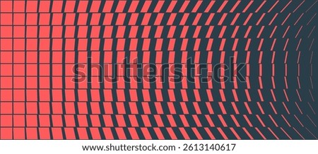 Symmetrical grid with wave distortion in red and black tones. Abstract vector panoramic layout with transformation rhythm, perfect for technology visuals, digital art, and immersive background design