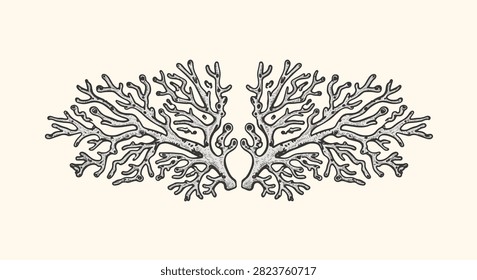 Symmetrical hand-drawn black and white illustration of marine coral skeleton branches with intricate organic growth patterns isolated on a plain cream background for design.
