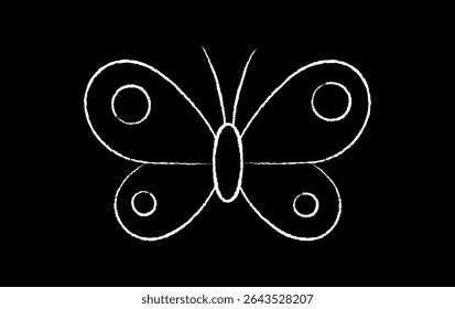 Symmetrical hand-drawn butterfly icon with dots and wings on a black background. Cute chalk doodle symbol, simple crayon element.