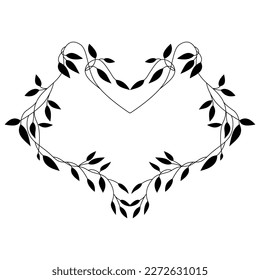 Symmetrical heart shape design or frame with leaf branches. Black silhouette on white background.