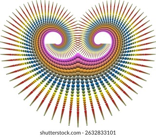Symmetrical heart-shaped composition built from thousands of small rainbow-colored balls. The color gradation from pink, yellow, blue to green creates visual depth and dynamic movement