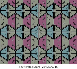 Symmetrical hexagon pattern, circles, lines. Muted tones of blue, green, purple. Suitable for digital backgrounds or print designs, modern aesthetic. Vector illustration for fabric, textile, pillow