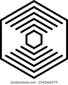 Un diseño de logotipo hexagonal simétrico que presenta patrones de chevrones concéntricos que irradian hacia afuera desde un Pequeño hexágono en el centro, todos contenidos dentro de un Grande borde hexagonal. Icono de contorno de Vector.