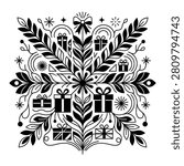 A symmetrical holiday design featuring a snowflake pattern composed of festive gift boxes stars bows and leafy branches in a linocut style