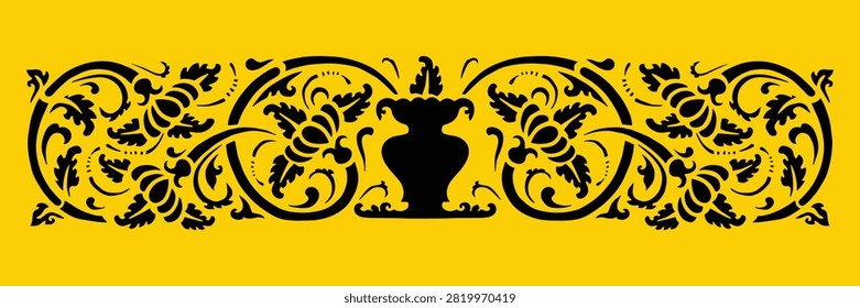 A symmetrical, horizontal black stencil border pattern featuring a central urn flanked by elaborate baroque-style floral and acanthus leaf scrolls on a vibrant yellow background.