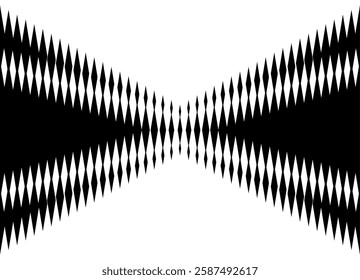 Symmetrical horizontal black and white pattern of diamond-shaped pixels, . A strict geometric style, ideal for backgrounds, textiles, packaging and modern graphic design.